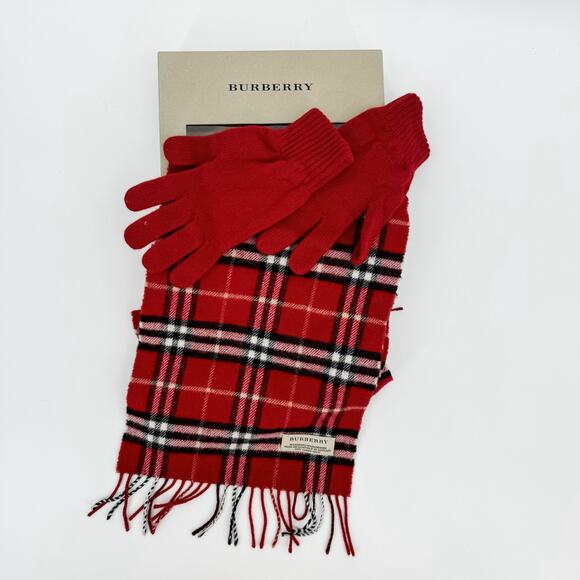 Burberry Scarf Cashmere Wool Red Check Plaid Winter Authentic Shawl Gloves Box - Picture 12 of 12